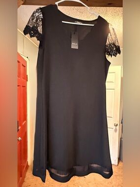 Sheilay Black Midi Dress with Lace Cap Sleeves